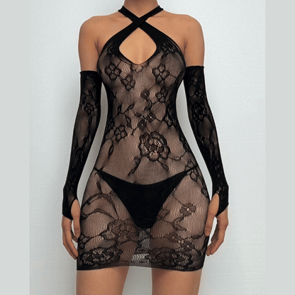 Gloves sheer lace hollow out cross front cut out mini dress