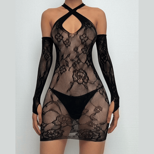 Gloves sheer lace hollow out cross front cut out mini dress