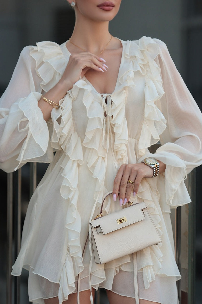 Plunging V-Neck Ruffled Tiered Chiffon Long Sleeve Mini Dress