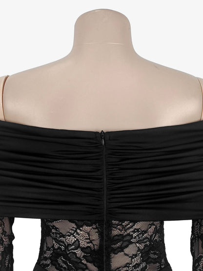 Off Shoulder Ruched Lace Sheer Panel Slim Fit Fishtail Long Gown For Women 2026