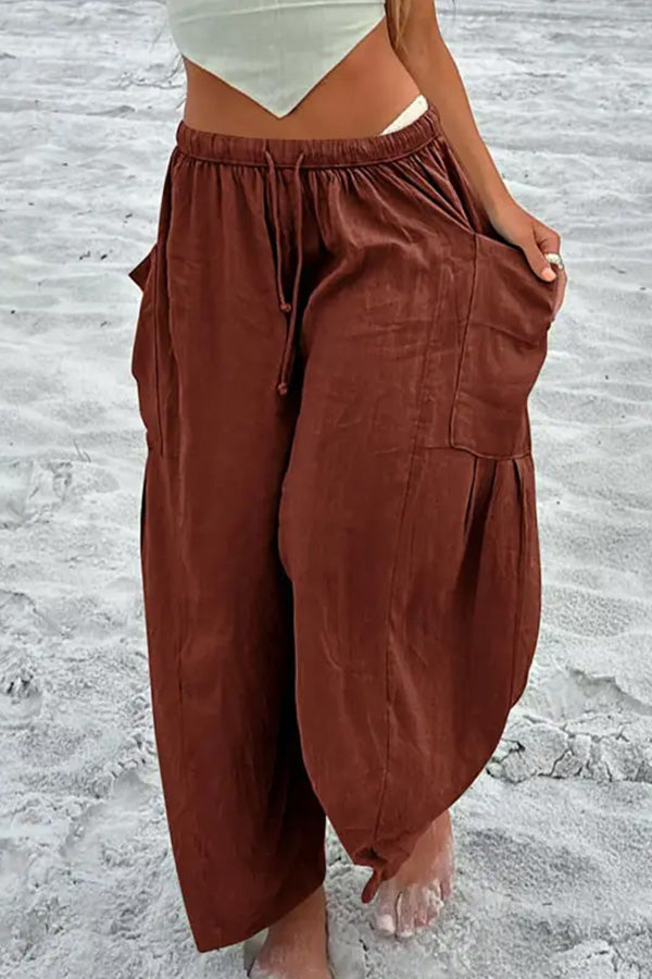 Elastic-waist Pleated Wide-leg Loose Cotton Linen Trousers