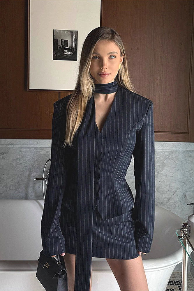V Neck Striped Fitted Blazer Skirt Two Piece Set