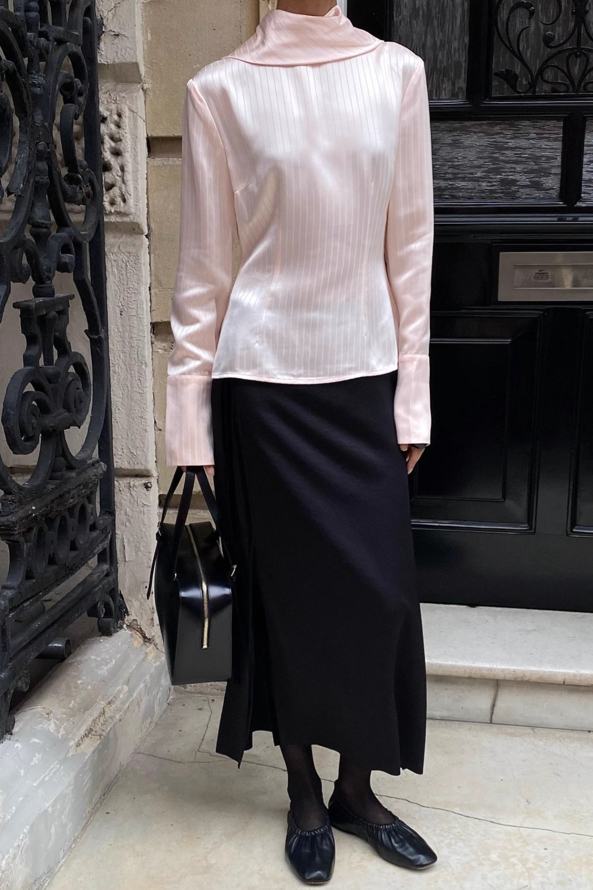 Stand Collar Neck Tie Slim Fit Workwear Long Sleeve Blouse