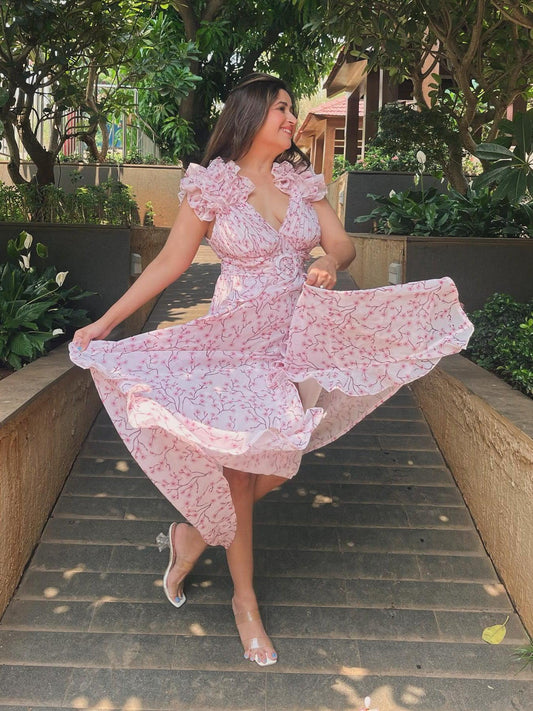 Floral Print Hollow Out Cutout Deep V Plunge Ruffled Backless Dress