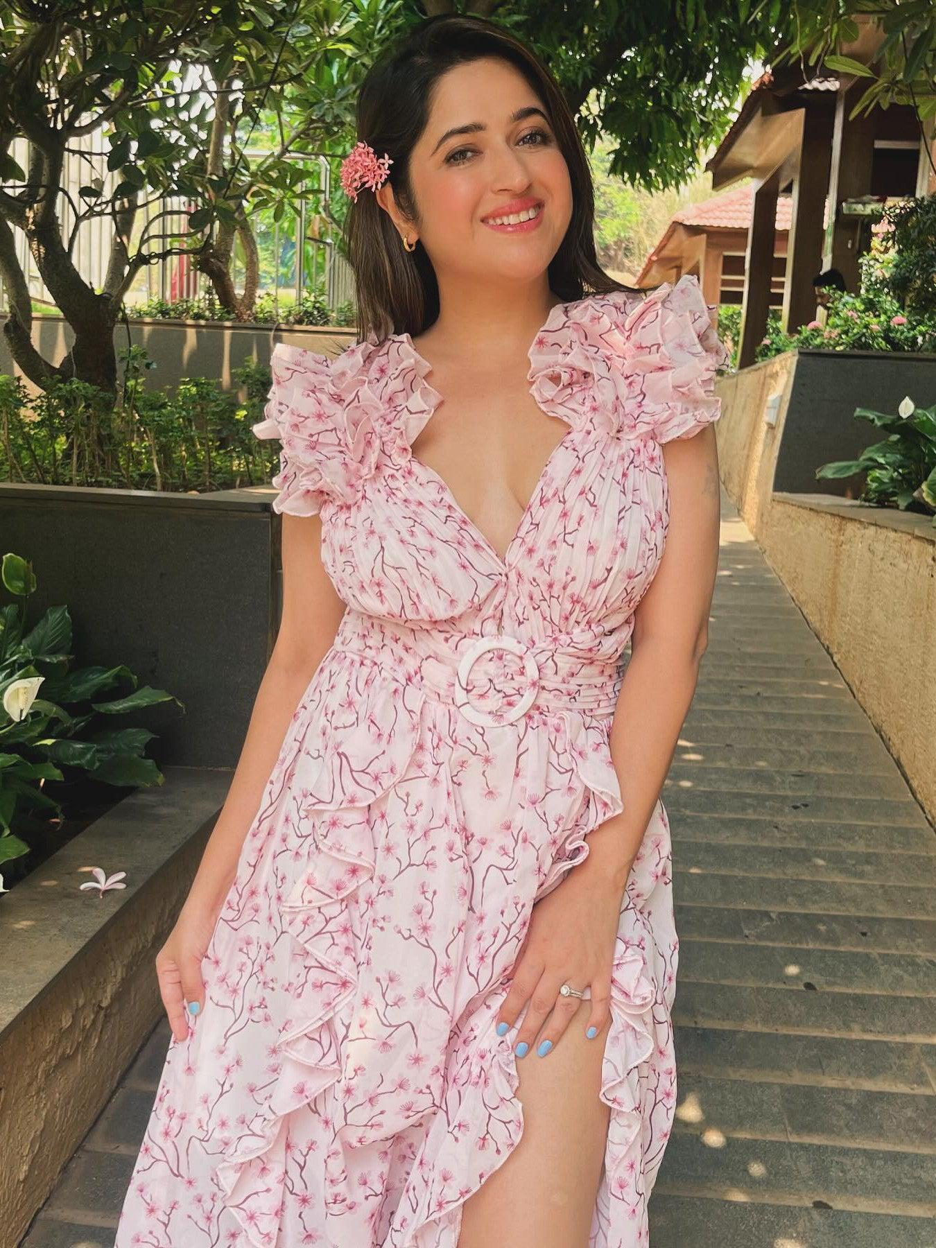 Floral Print Hollow Out Cutout Deep V Plunge Ruffled Backless Dress