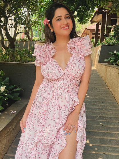 Floral Print Hollow Out Cutout Deep V Plunge Ruffled Backless Dress