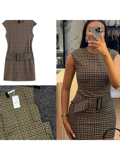 Striped/ Plain/ Chequered Print Short Belt Sleeveless Dress