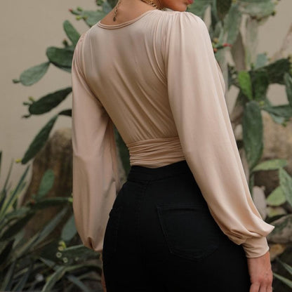 Halibuy Double layered deep v neck ruched solid bodysuit - Final Sale