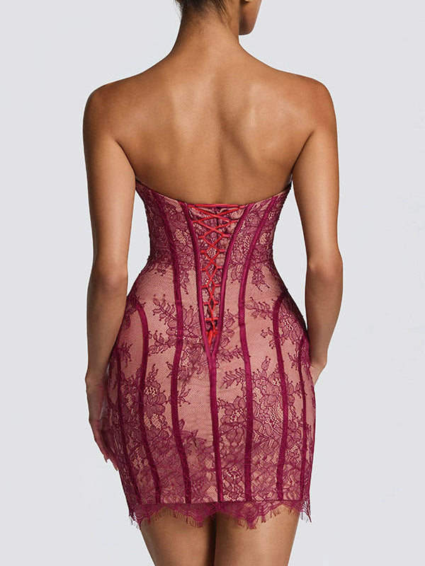 Party Dress Mini Burgundy Strapless Lace Up Sleeveless Backless Sexy Semi Formal Dress