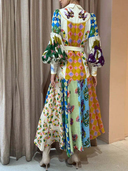 Fashion Graffiti Balloon Sleeve Long Irregular Dress