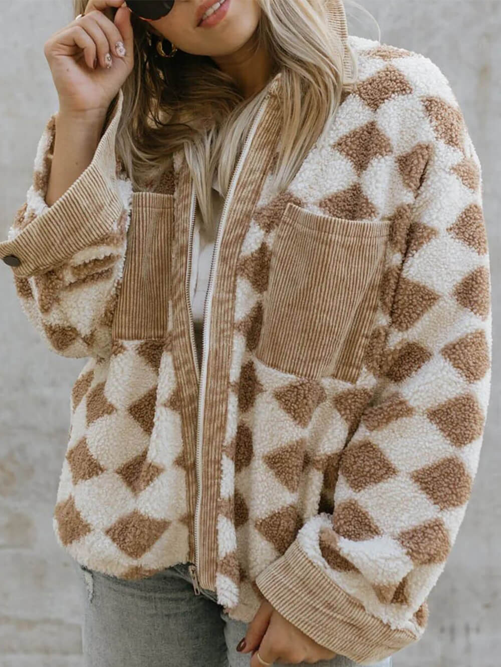 Rhombus Pattern Jacket Corduroy Patch Pockets