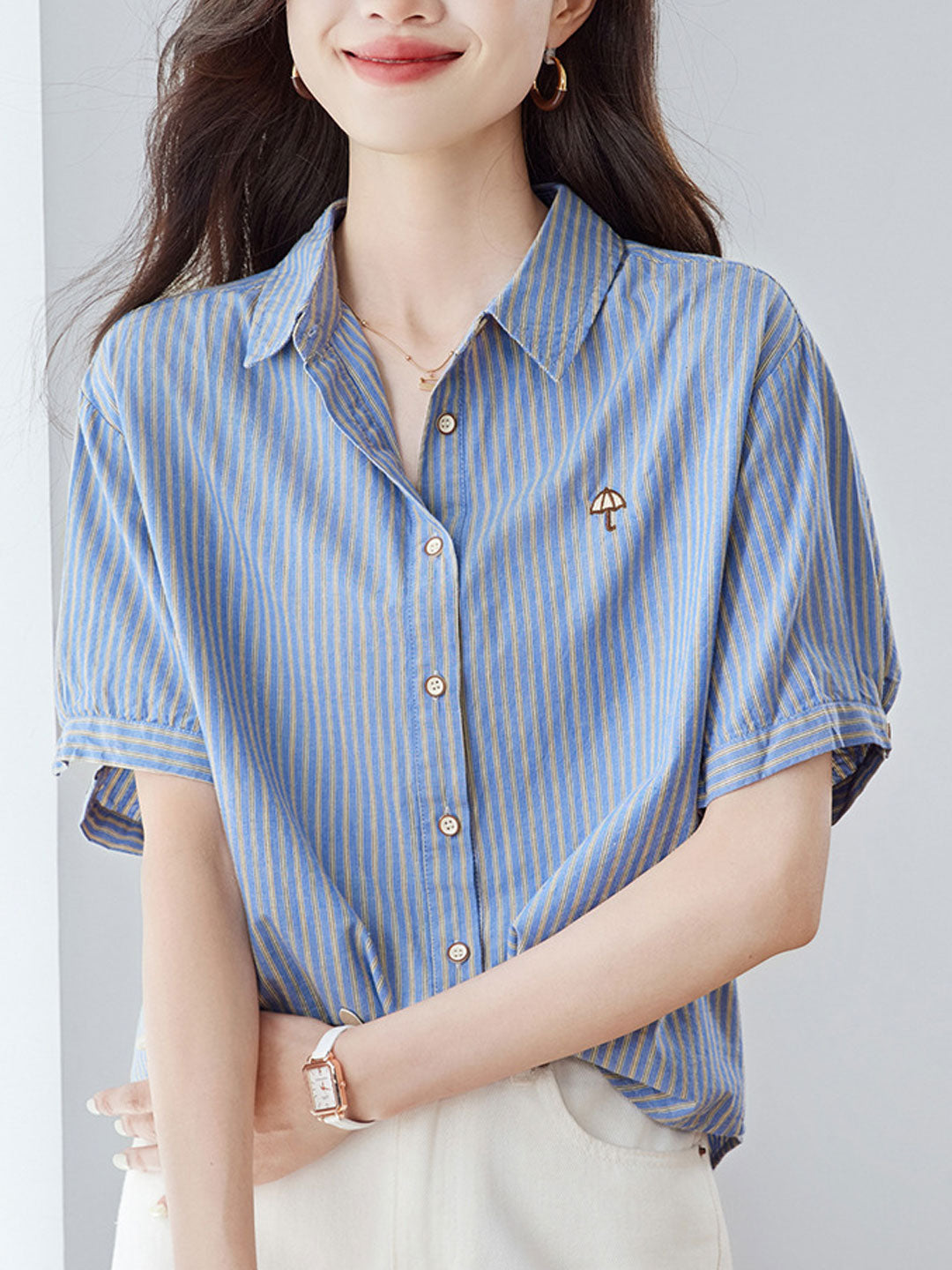 Genesis Loose Lapel Embroidered Striped Shirt