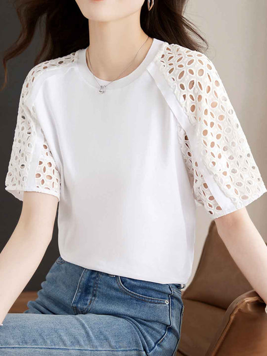 Eva Loose Crew Neck Hollowed Solid Color Top