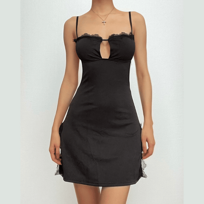 Lace hem solid hollow out backless slit cami cut out mini dress
