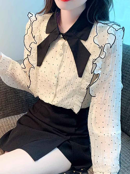 Ava Elegant Bow Lantern Sleeve Polka Dot Chiffon Shirt