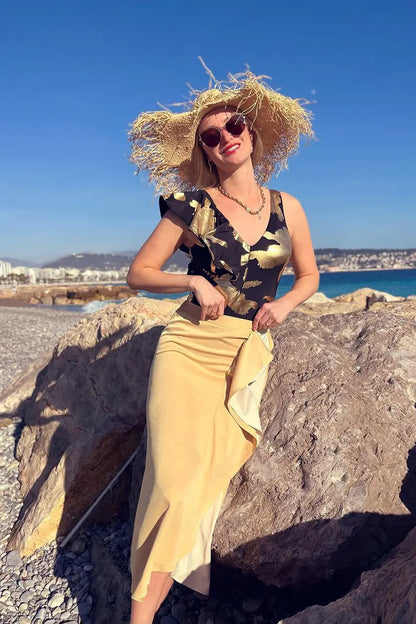 Foil Print Deep V Ruffle One Piece Swimsuit