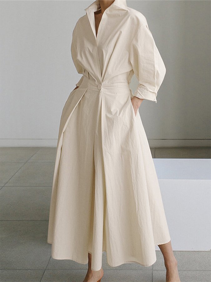 Deep V Collar Long Sleeve Pleated Pocket Midi Shirt Dress