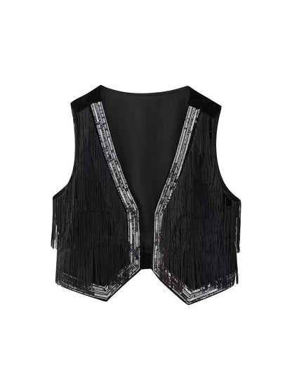 Tassel Fringe Velvet Waist Coat Vest Mini Skirt Set