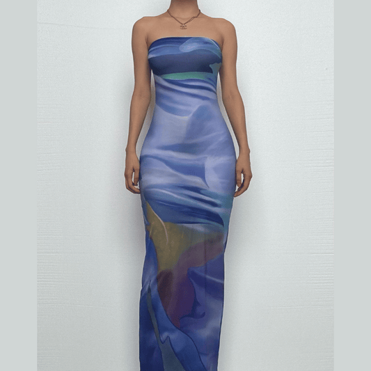 Contrast print backless sleeveless tube maxi dress