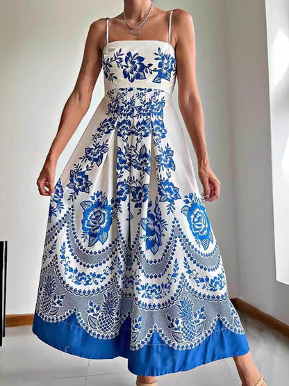Mediterranean Floral Print Spaghetti Strap Square Neck Tiered Maxi Dress
