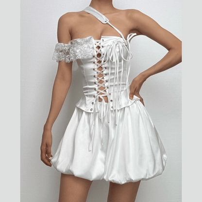 One off shoulder irregular lace up satin ruffle puff skirt set