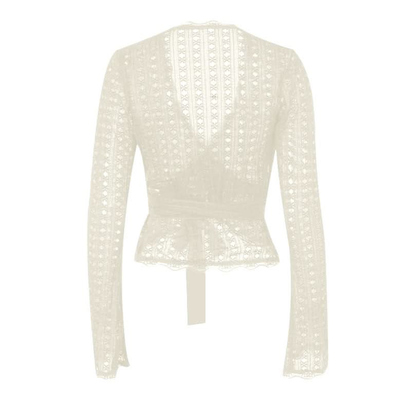 Long flared sleeve v neck lace hem knotted top
