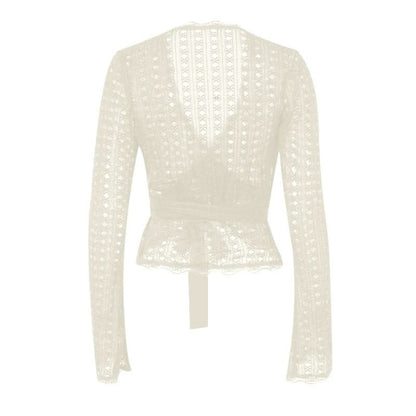 Long flared sleeve v neck lace hem knotted top