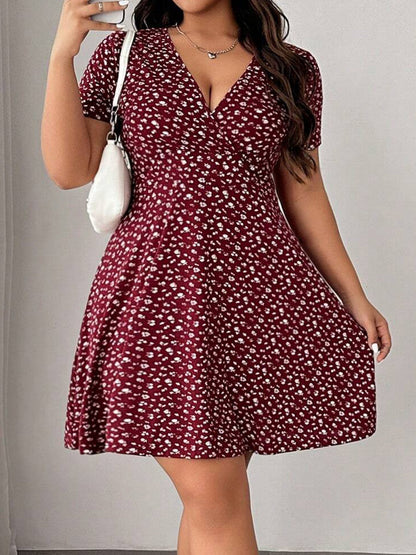 Floral Print V-neck Short Sleeve Mini&Short Dresses