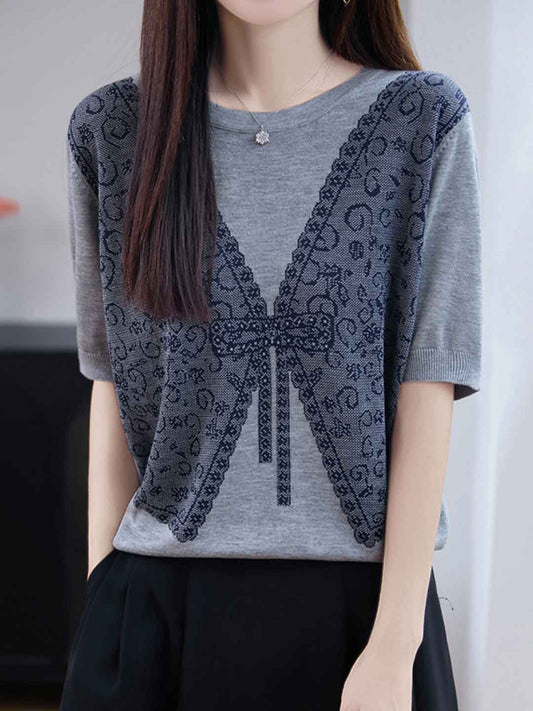 Sophie Loose Crew Neck Color-Block Jacquard Knitted Top