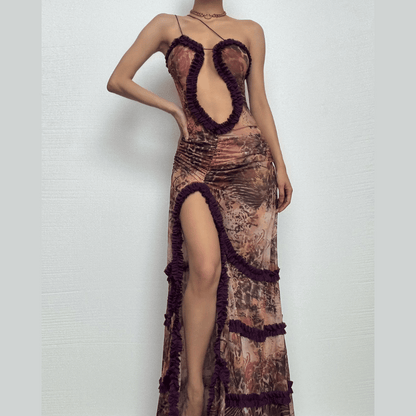Ruffle spaghetti strap sheer mesh irregular slit maxi dress
