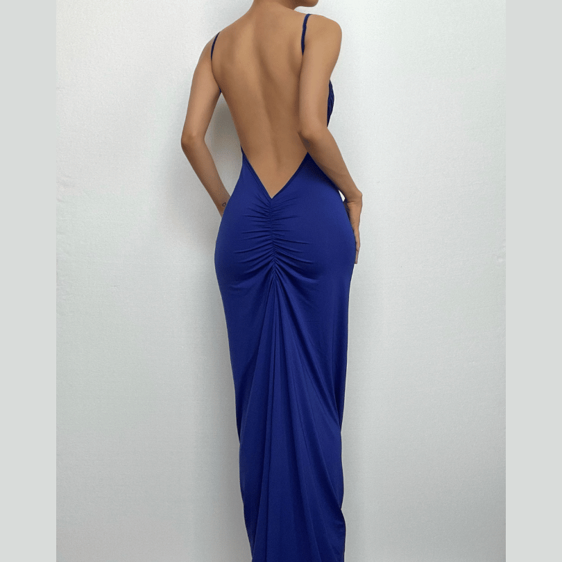 Ruched solid backless cowl neck cami maxi dress-final-sale