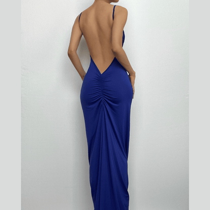 Ruched solid backless cowl neck cami maxi dress-final-sale