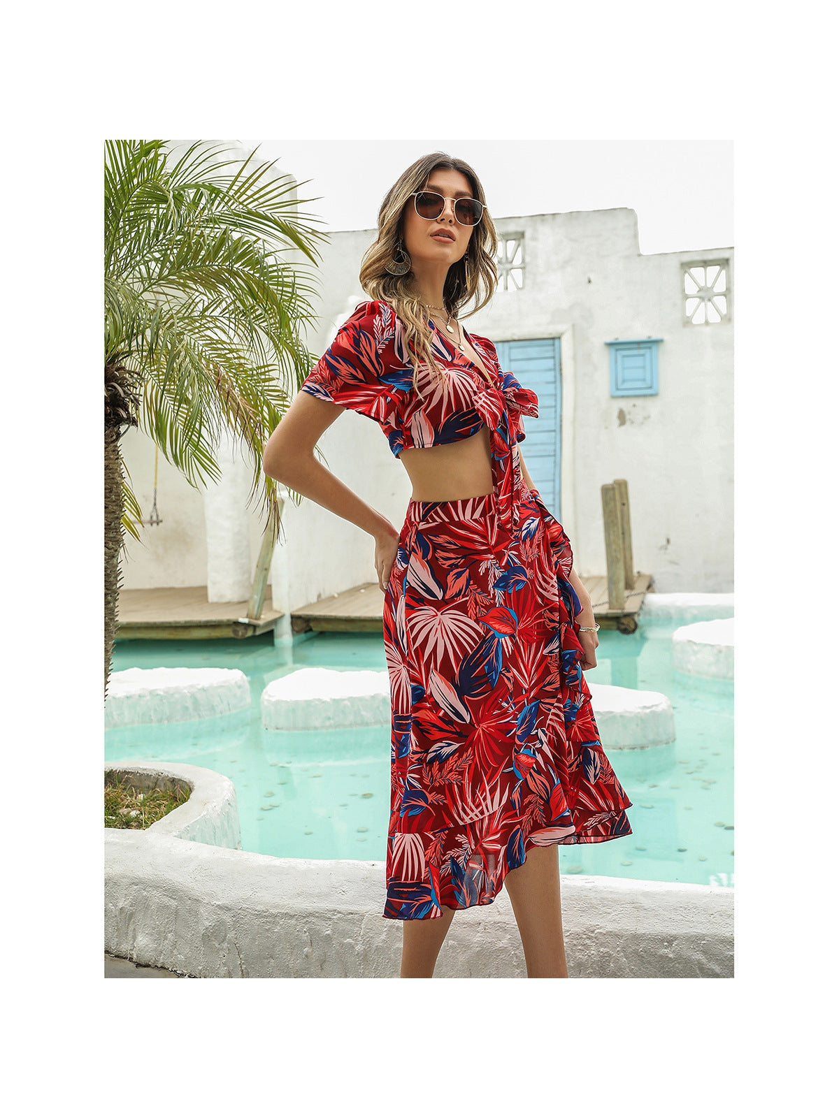 Floral Leaf Print Crop Top & Skirt Coors Set