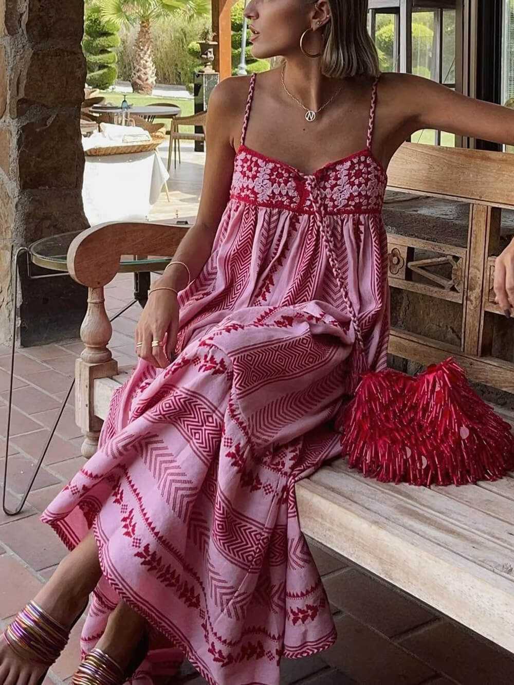 Spaghetti Strap Tassel Drawstring Geometric Pattern Tiered Knit Maxi Dress