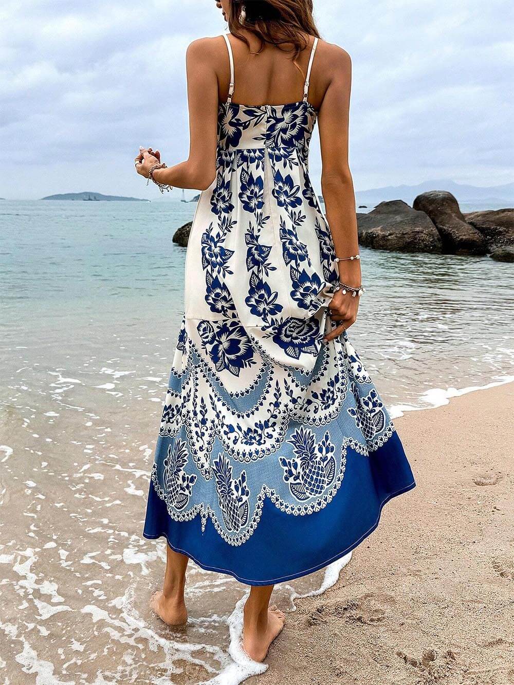 Mediterranean Floral Print Spaghetti Strap Square Neck Tiered Maxi Dress