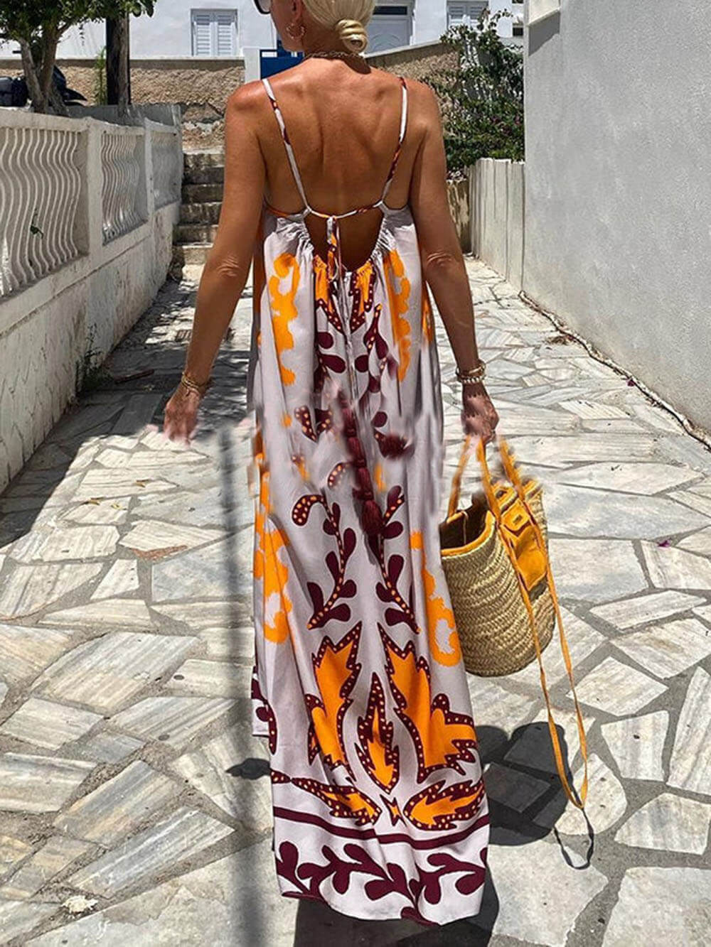 Spaghetti Strap Ruffle Neck Abstract Botanical Print Flowy Maxi Dress