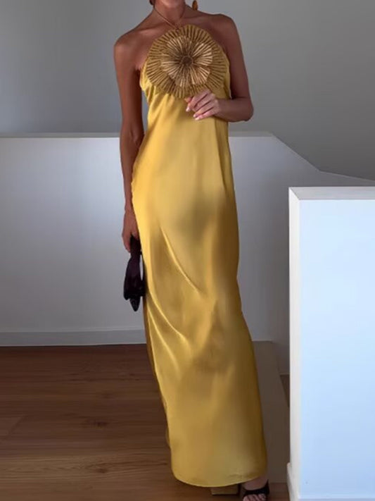 Rhinestone 3D Flower Halter Neck And Backless Satin Maxi Dresses