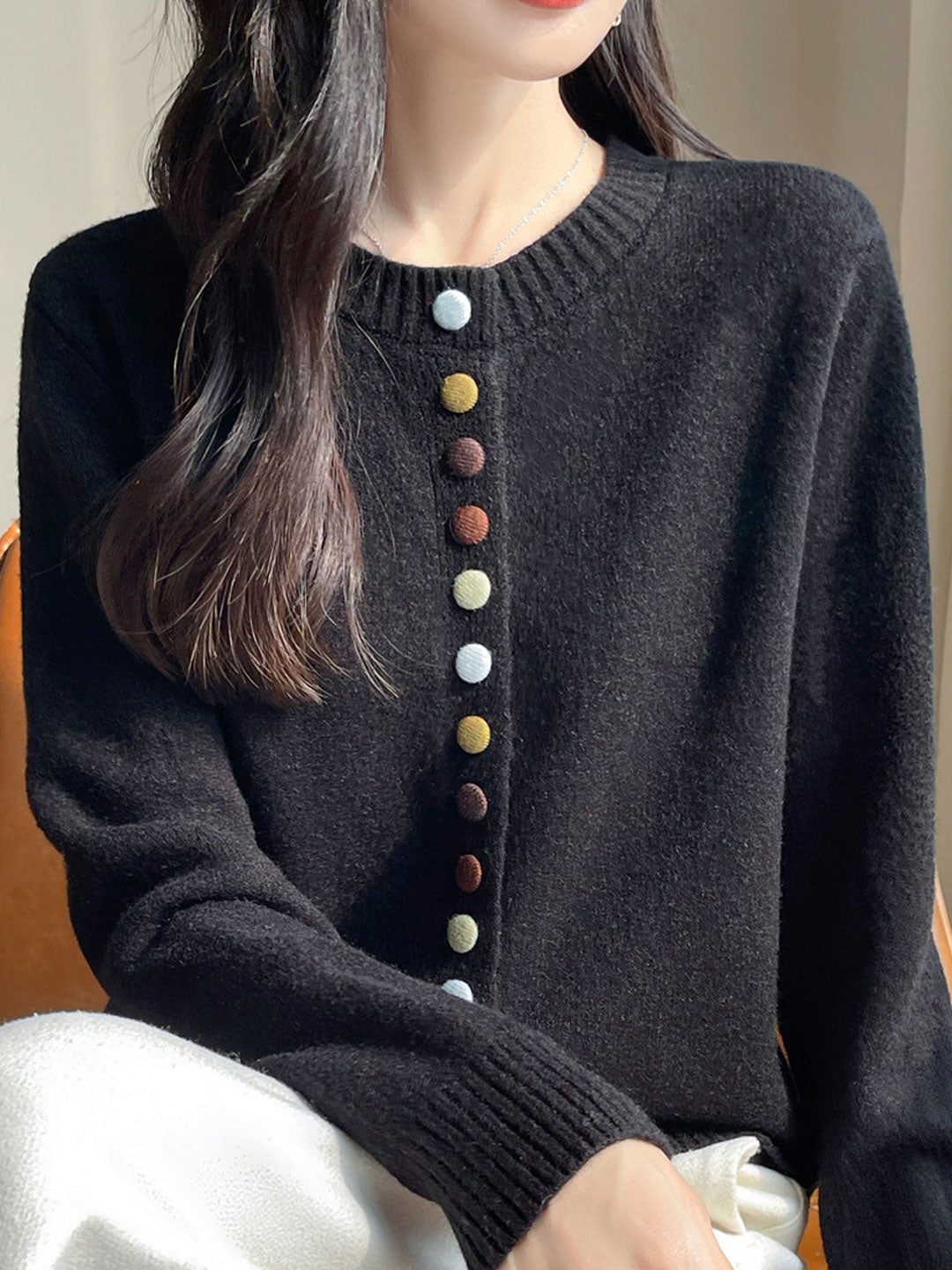 Sophia Classic Crew Neck Colorful Button Knitted Cardigan-Red