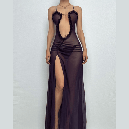 Sheer mesh hollow out ruched high slit cami cut out maxi dress