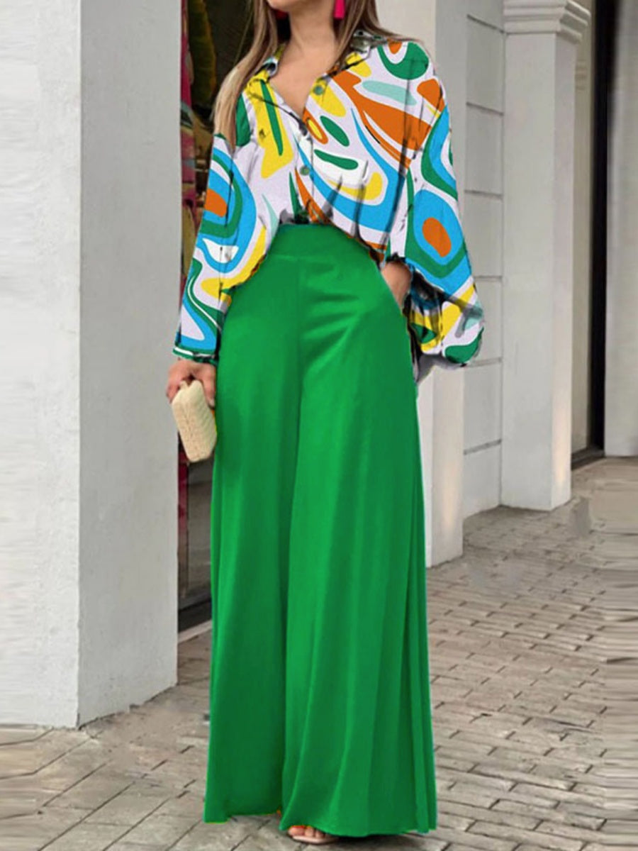 Multi-color Printed Shirt And Wide-leg Pants Two-piece Set