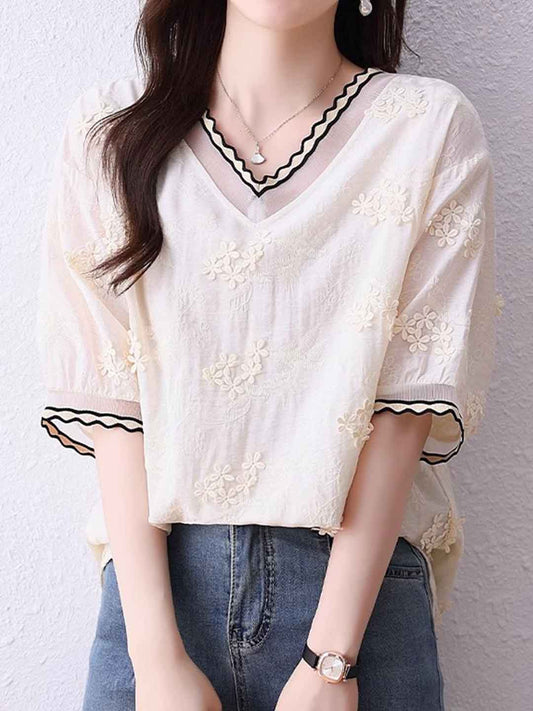 Ariana Chic V-Neck Embroidered Jacquard Shirt