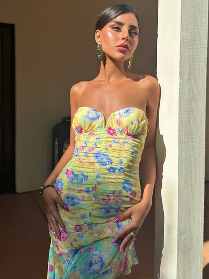 Floral Print Mesh Tube Top Fishtail Dress