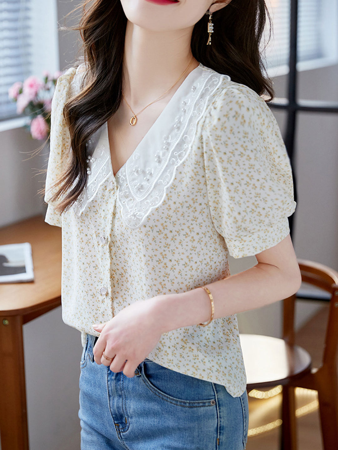 Ava Elegant Doll Collar Floral Beaded Chiffon Top