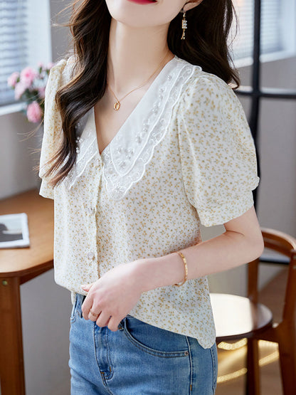 Ava Elegant Doll Collar Floral Beaded Chiffon Top