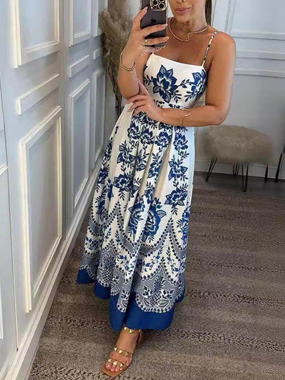 Mediterranean Floral Print Spaghetti Strap Square Neck Tiered Maxi Dress
