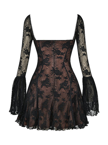 Women's Square-Neck Corset Lace Mini Dress – Long-Sleeve Elegant Fit