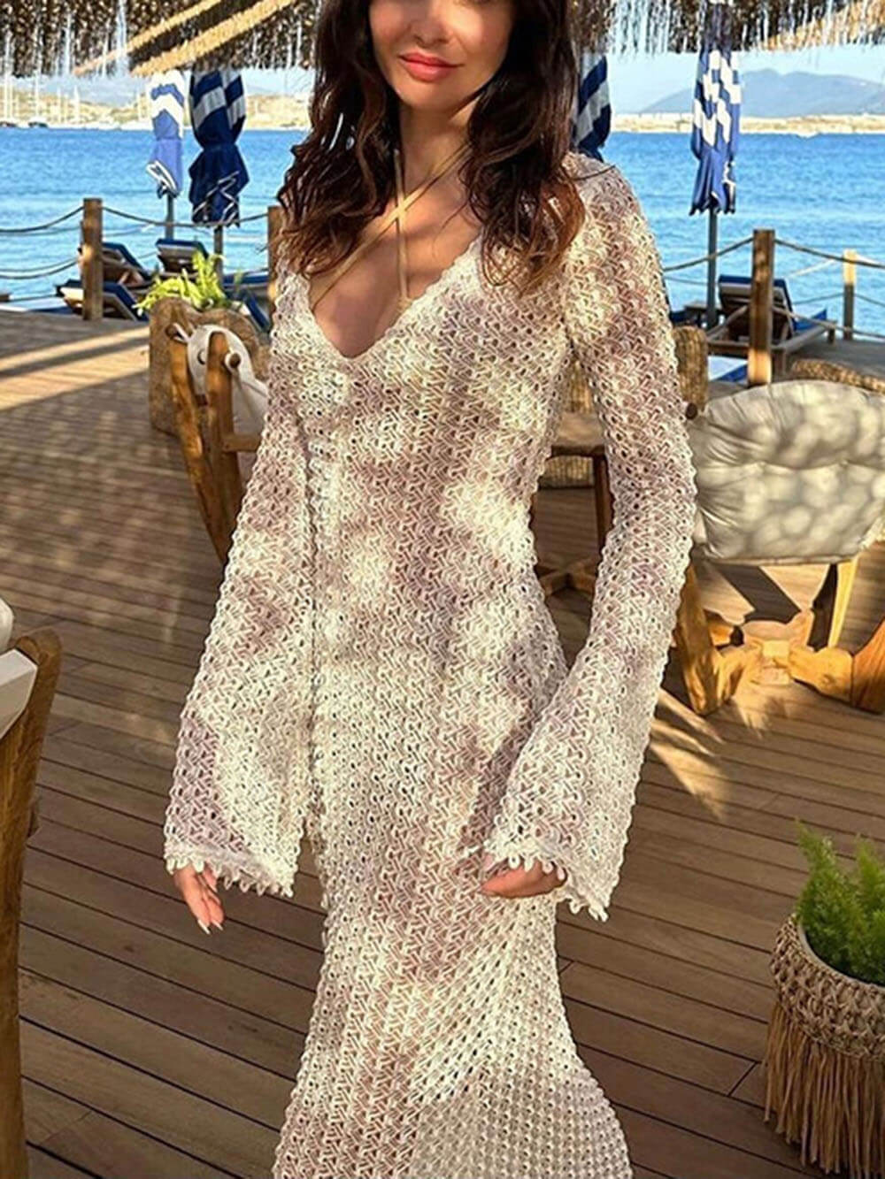 Bella-Beach V-Neck Crochet Maxi Dress