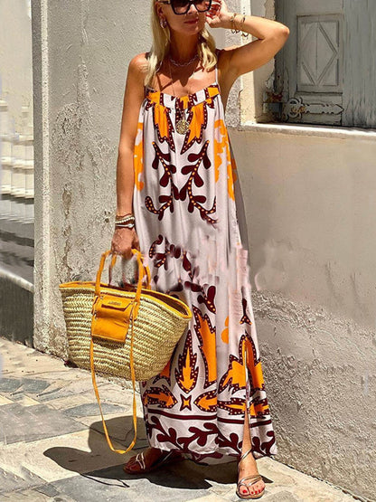 Spaghetti Strap Ruffle Neck Abstract Botanical Print Flowy Maxi Dress