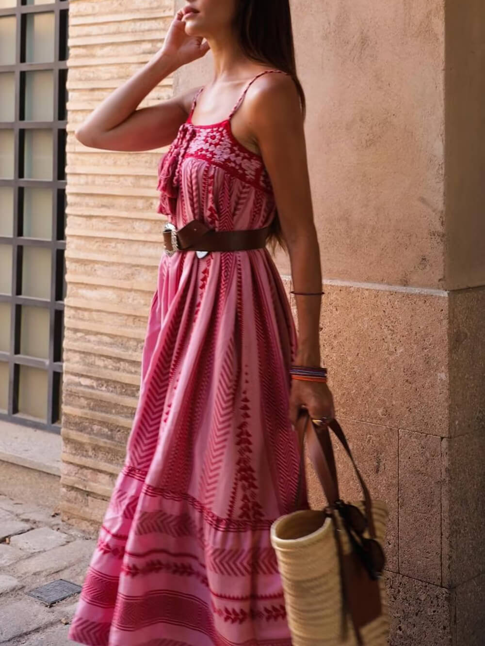 Spaghetti Strap Tassel Drawstring Geometric Pattern Tiered Knit Maxi Dress