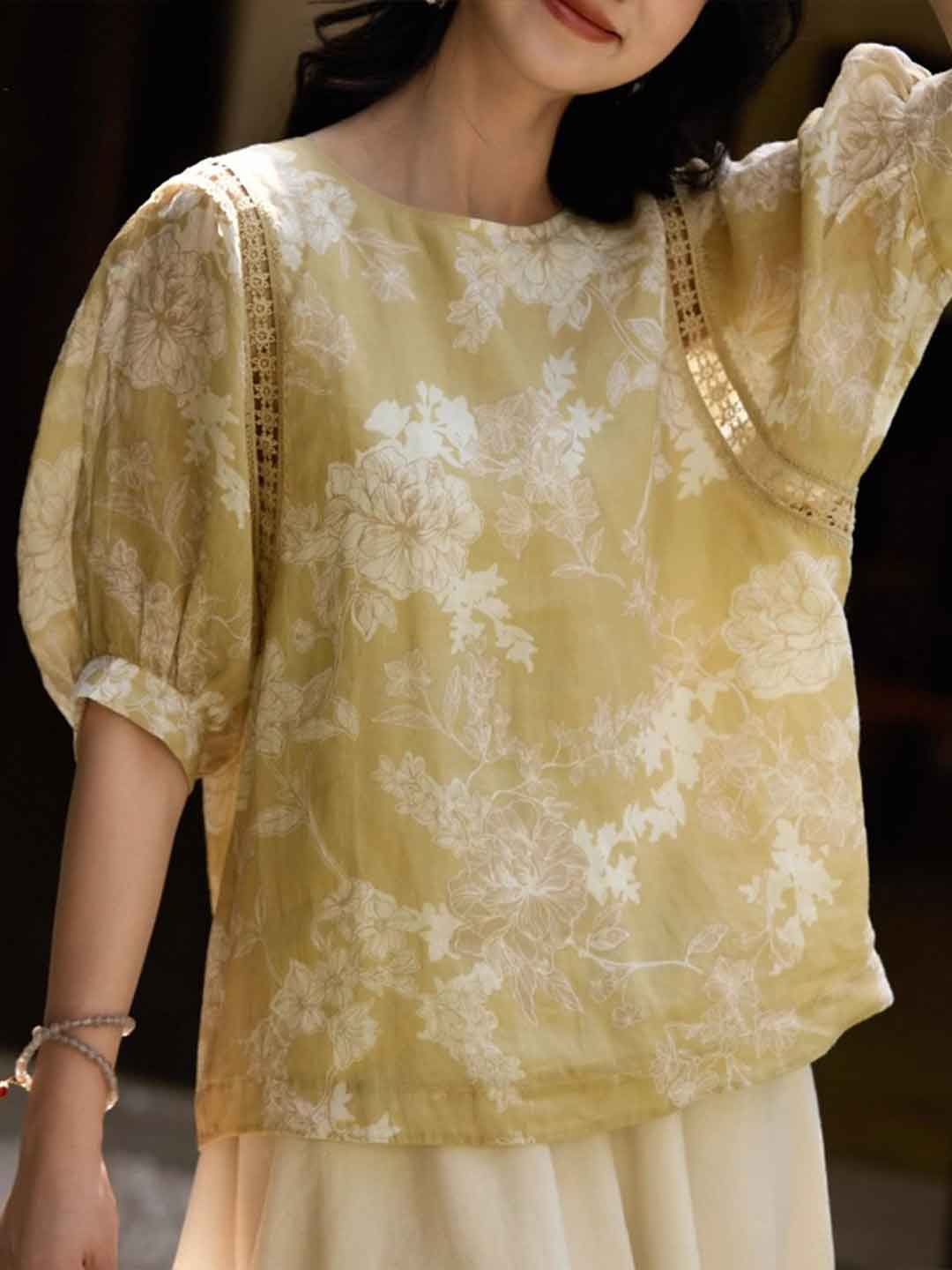 Ava Retro Crew Neck Lantern Sleeve Printed Top